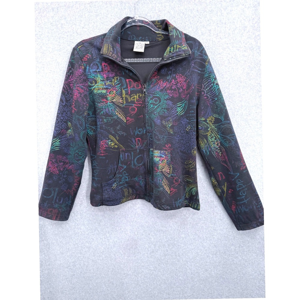 Parsley & Sage Full Zip Jacket Womens Medium Black Multi Graffiti Art To Wear